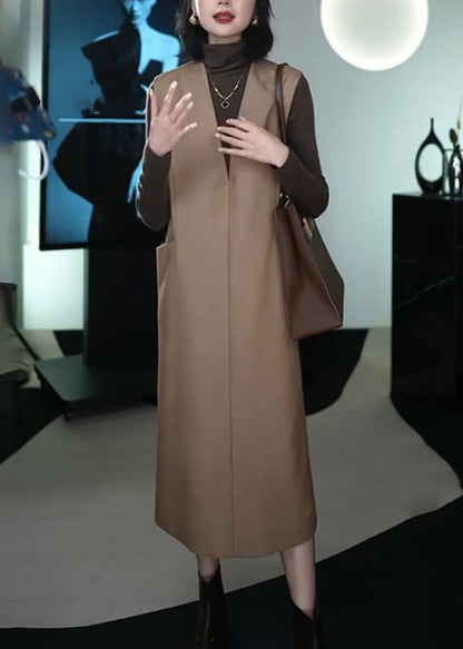 Italian Coffee Patchwork Warm Fleece Long Waistcoat and Dress Two Piece Set Winter