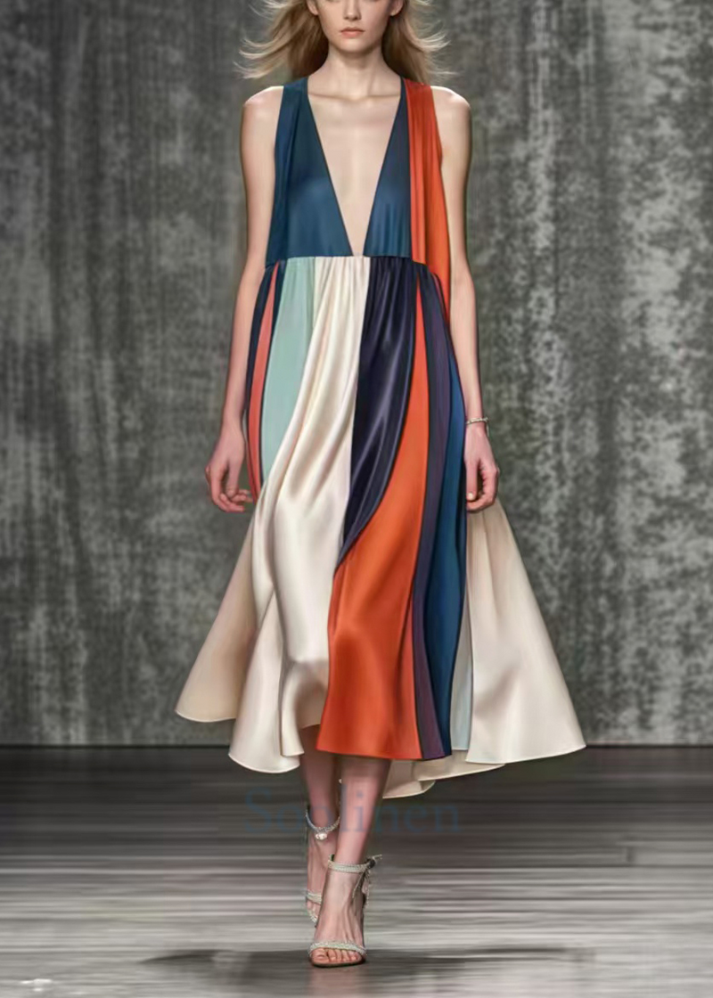 Italian Colorblock Deep-v Neck Exra Large Hem Silk Holiday Dress Summer