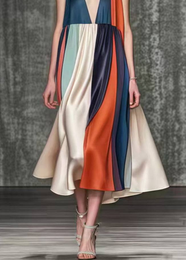 Italian Colorblock Deep-v Neck Exra Large Hem Silk Holiday Dress Summer
