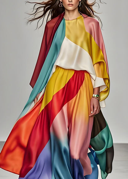 Italian Colorblock Tops and Pants Silk Two Piece Suit Set Summer