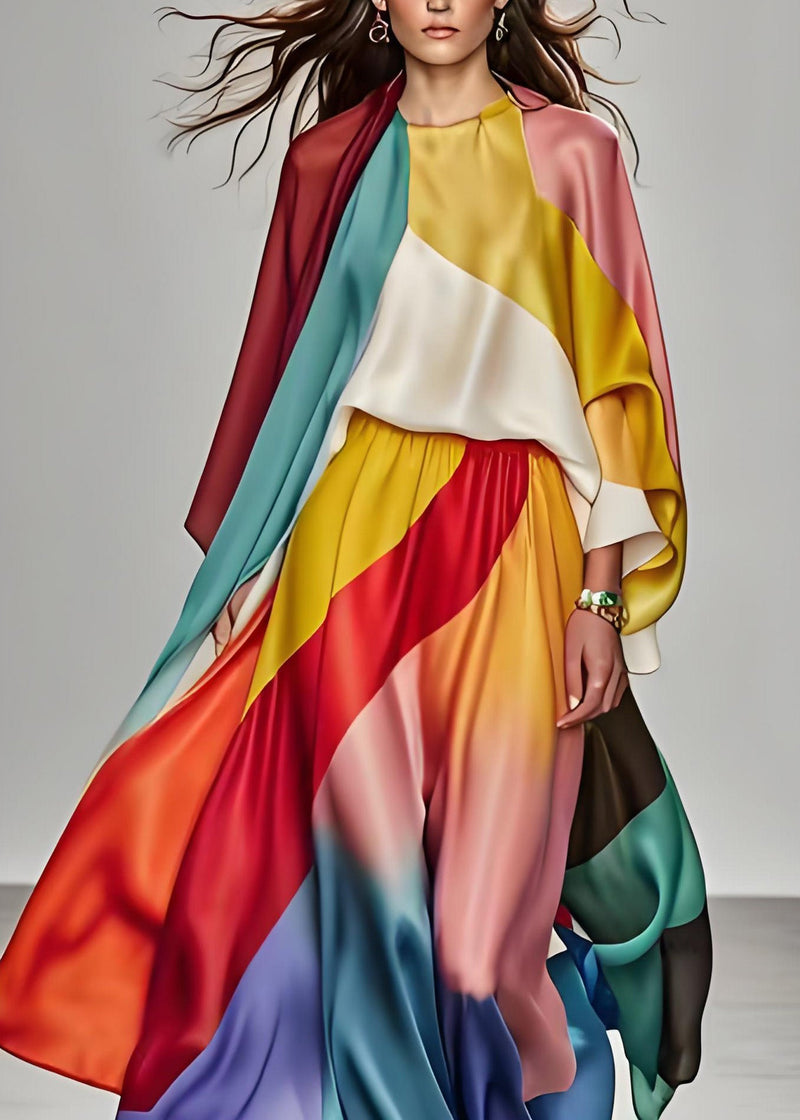 Italian Colorblock Tops and Pants Silk Two Piece Suit Set Summer