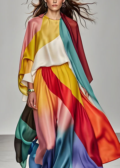 Italian Colorblock Tops and Pants Silk Two Piece Suit Set Summer