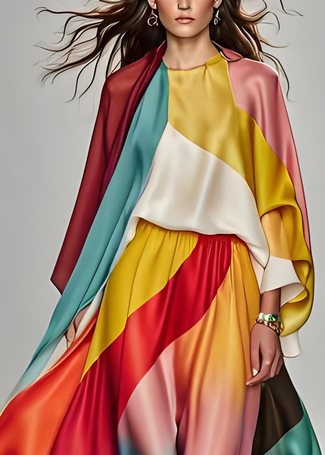 Italian Colorblock Tops and Pants Silk Two Piece Suit Set Summer