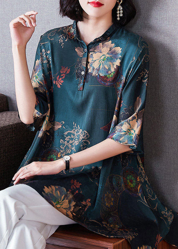 Italian Dark Blue Peter Pan Collar Button Asymmetrical Print Silk Tops Spring