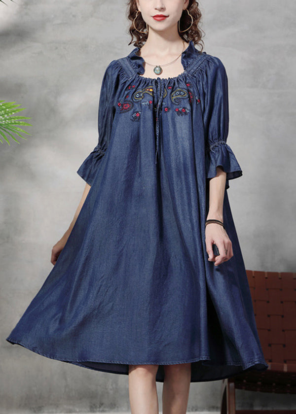 Italian Denim Blue Ruffled Embroideried Cotton a Line Dress Half Sleeve