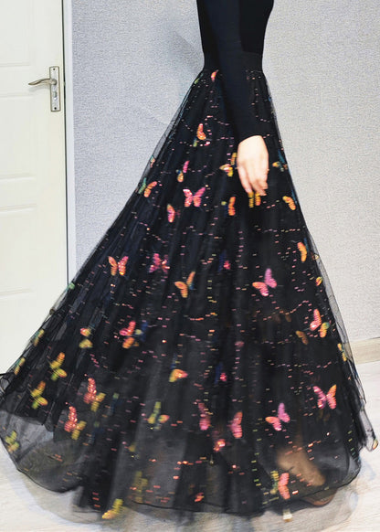 Italian Embroideried High Waist Sequins Tulle Maxi Skirts Spring