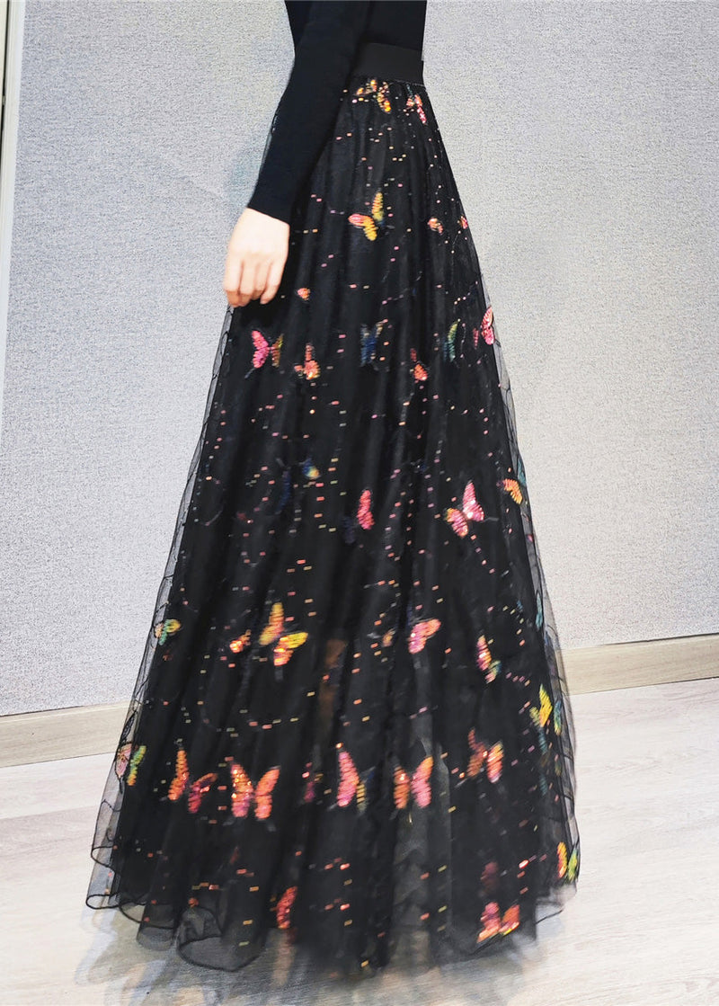 Italian Embroideried High Waist Sequins Tulle Maxi Skirts Spring