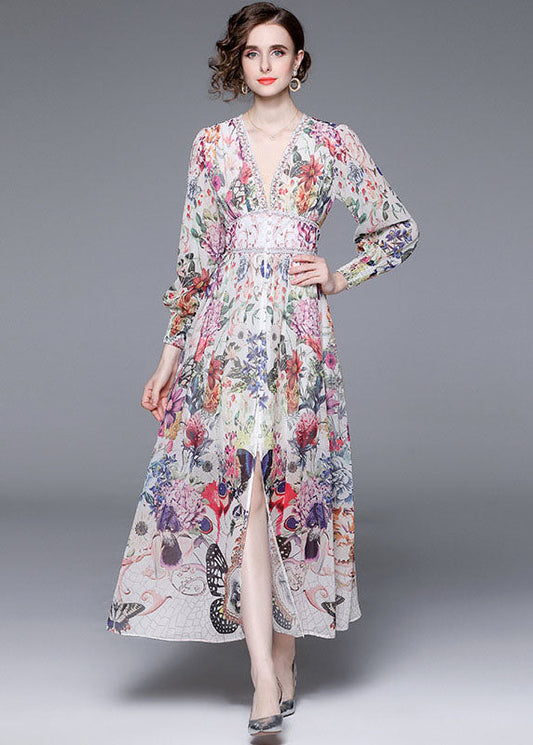 Italian V Neck Front Open Patchwork Chiffon Vacation Dresses Long Sleeve