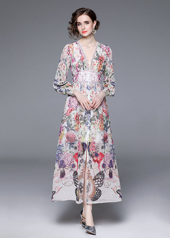 Italian V Neck Front Open Patchwork Chiffon Vacation Dresses Long Sleeve