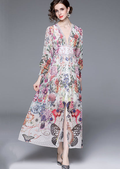 Italian V Neck Front Open Patchwork Chiffon Vacation Dresses Long Sleeve