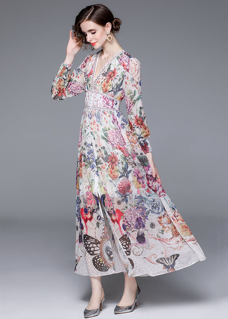 Italian V Neck Front Open Patchwork Chiffon Vacation Dresses Long Sleeve