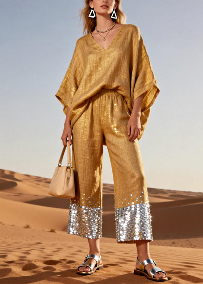 Italian Gold V Neck Elastic Waist Sequins Patchwork Linen Two Pieces Set Batwing Sleeve