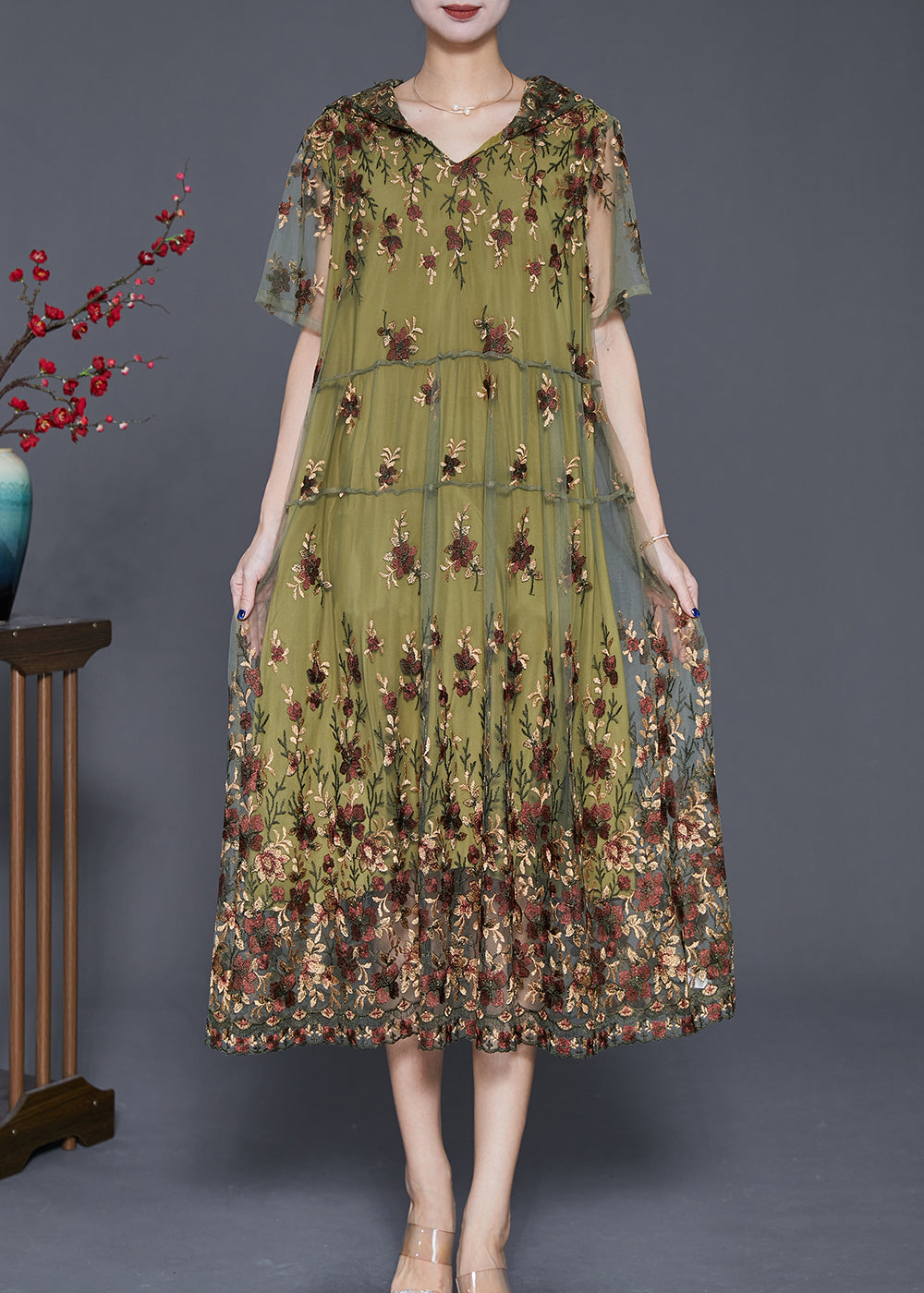 Italian Green Embroideried Tulle Party Dress Summer