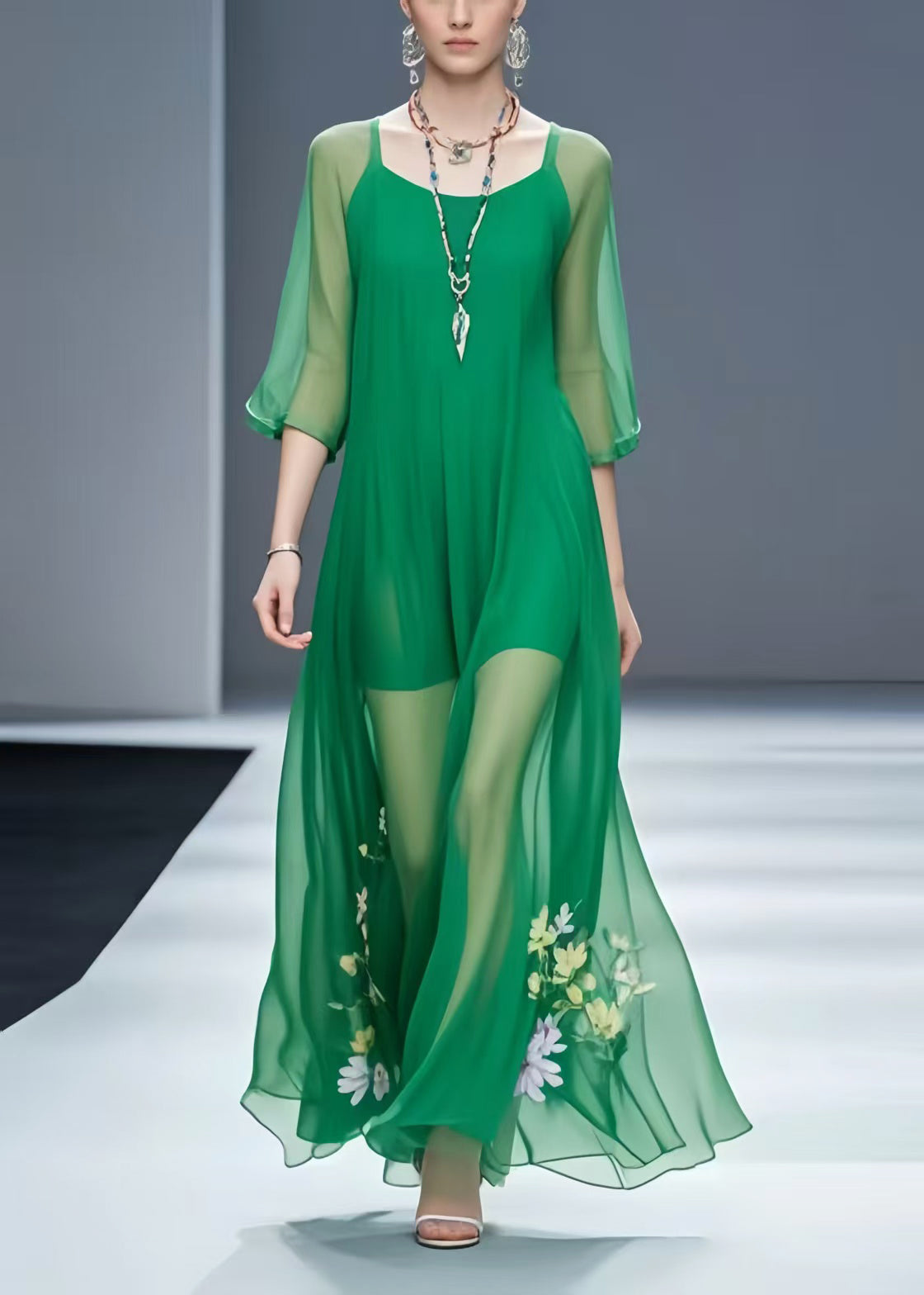 Italian Green Chiffon Vacation Dresses Bracelet Sleeve