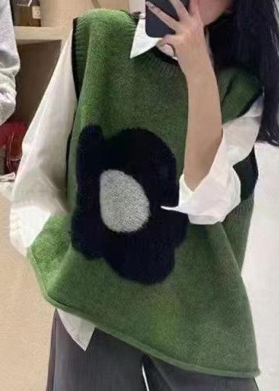 Italian Green O Neck Patchwork Knit Vest Sleeveless