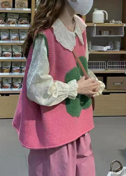 Italian Green O Neck Patchwork Knit Vest Sleeveless