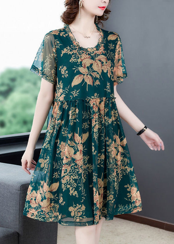 Italian Green O-neck Print Holiday Long Dress Summer