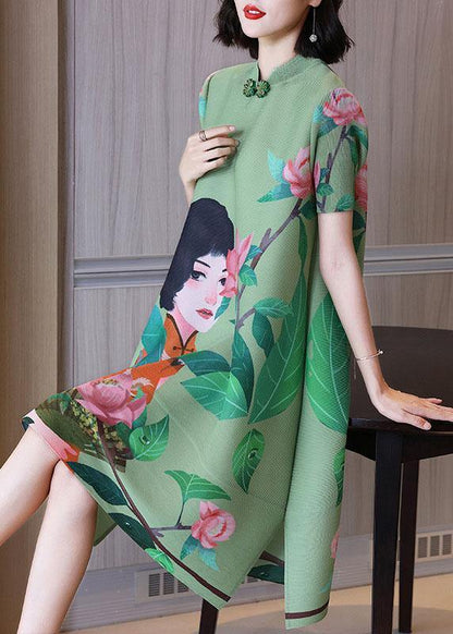Italian Green Print Oriental Half Sleeve Party Dress Summer