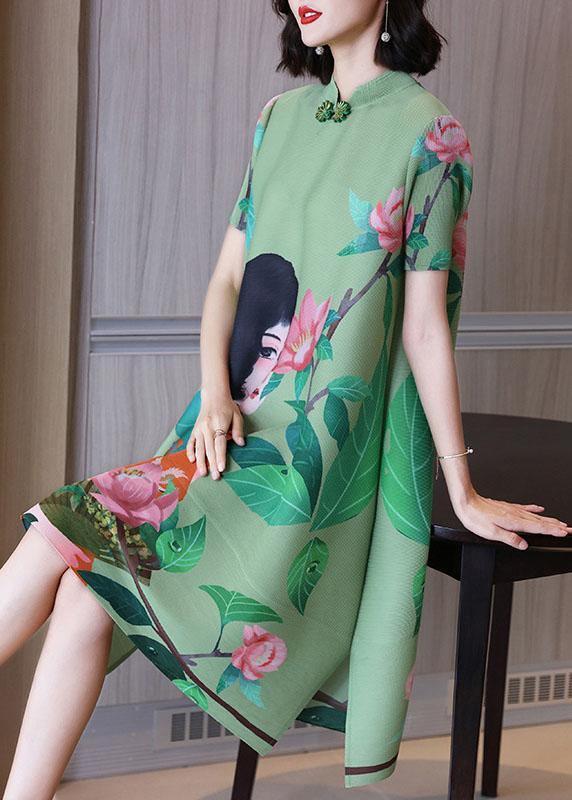 Italian Green Print Oriental Half Sleeve Party Dress Summer