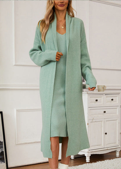 Italian Green V Neck Cashmere Knit Cardigans and Long Derss Two Pieces Set Fall