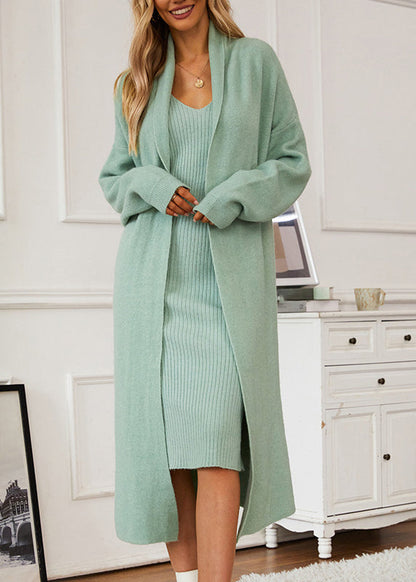 Italian Green V Neck Cashmere Knit Cardigans and Long Derss Two Pieces Set Fall