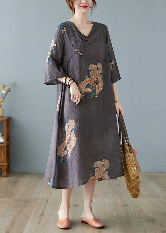 Italian Grey Asymmetrical Design Button Summer a Line Half Sleeve Vacation Dresses