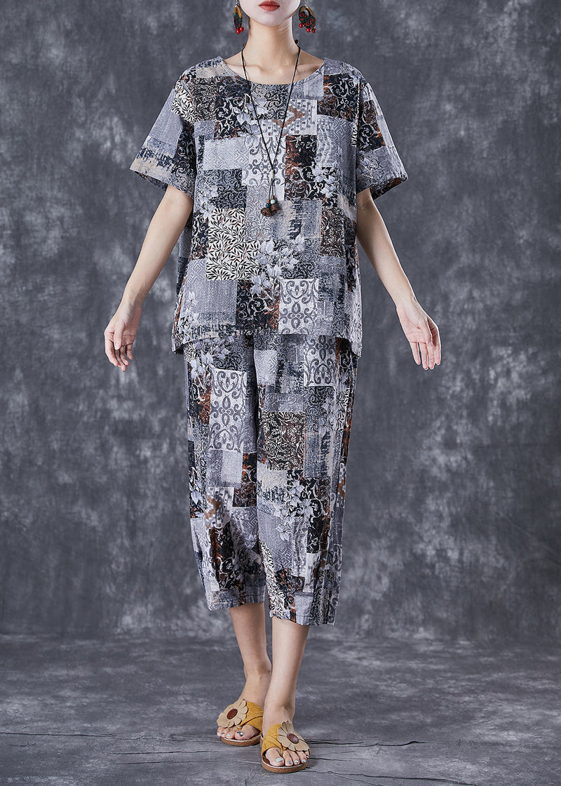 Italian Grey Oversized Print Linen Two Pieces Set Summer