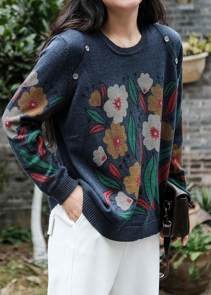 Italian Khaki O-neck Print Button Fall Sweater