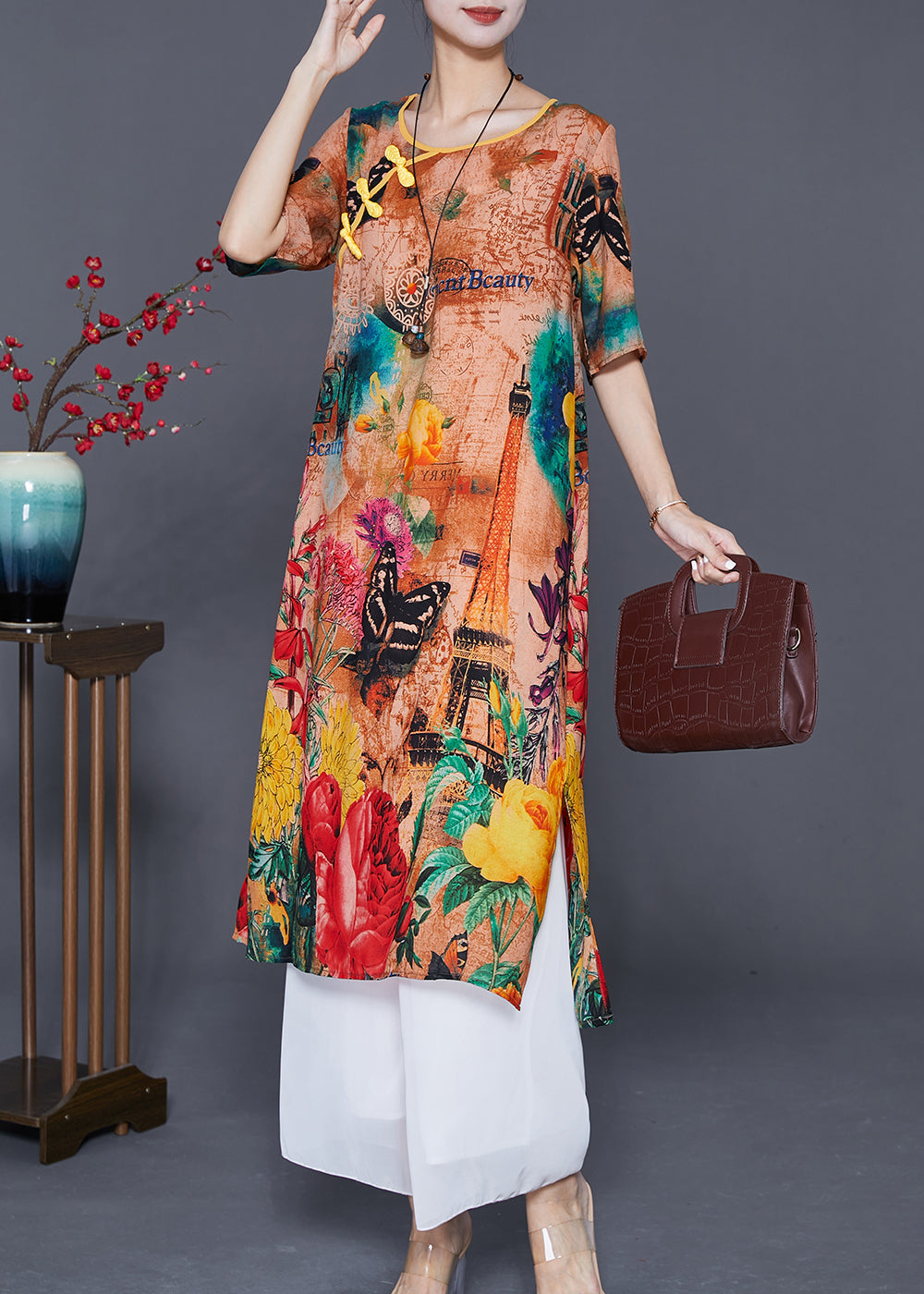 Italian Khaki Print Chinese Button Silk a Line Dress Summer