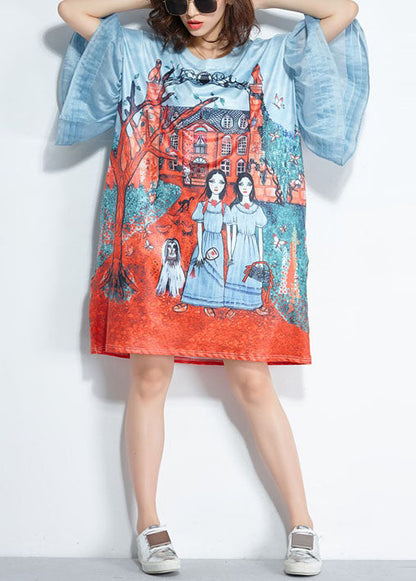 Italian Light Blue O-neck Pocket Character Print Silk Mid Dresses Flare Sleeve