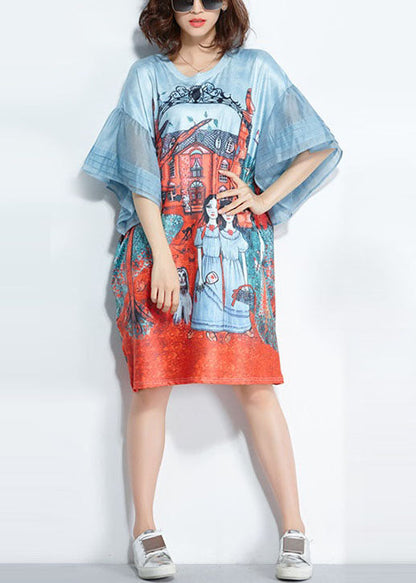 Italian Light Blue O-neck Pocket Character Print Silk Mid Dresses Flare Sleeve