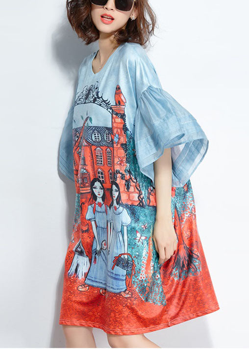Italian Light Blue O-neck Pocket Character Print Silk Mid Dresses Flare Sleeve