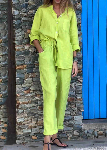 Italian Light Green Peter Pan Collar Patchwork Shirts and Crop Pants Two Pieces Set Fall