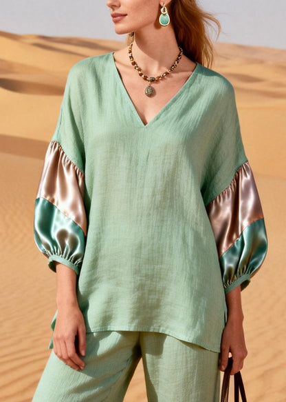 Italian Light Green V Neck Patchwork Cotton Two Pieces Set Summer