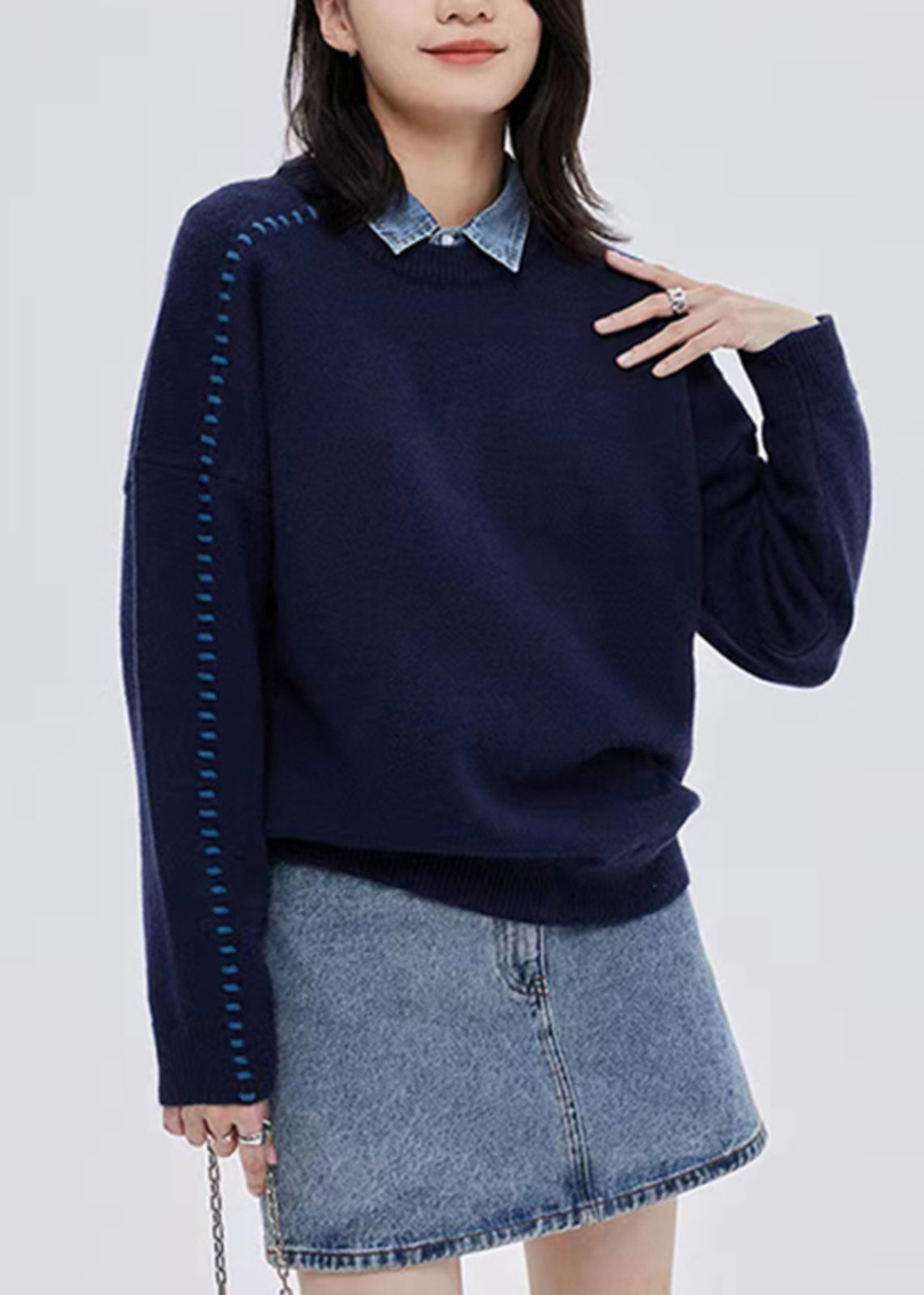 Italian Navy O-neck Thick Patchwork Woolen Sweater Tops Fall