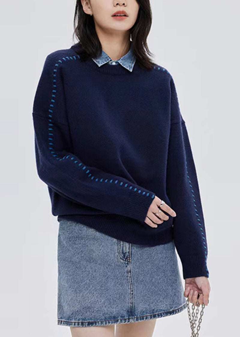 Italian Navy O-neck Thick Patchwork Woolen Sweater Tops Fall