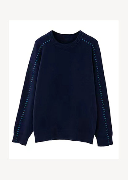 Italian Navy O-neck Thick Patchwork Woolen Sweater Tops Fall