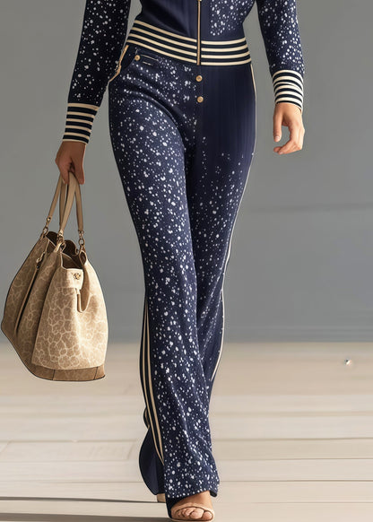 Italian Navy Print Patchwork Striped Chiffon Jumpsuit Spring