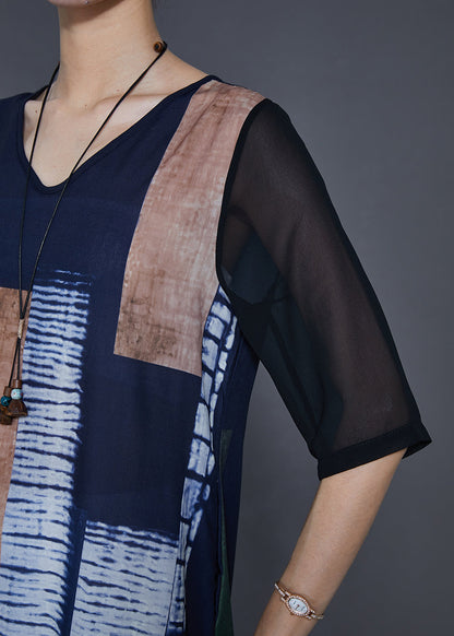 Italian Navy V Neck Print Linen Robe Dresses Summer