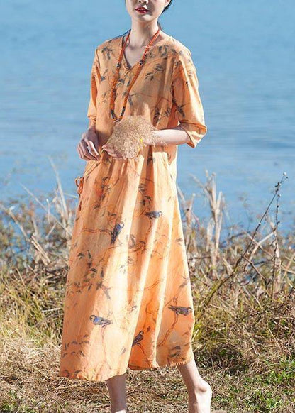 Italian O Neck Half Sleeve Dress Yellow Flower and Bird Print Maxi Dress