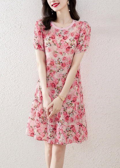 Italian O-neck Print Wrinkled Silk Mid Dresses Short Sleeve