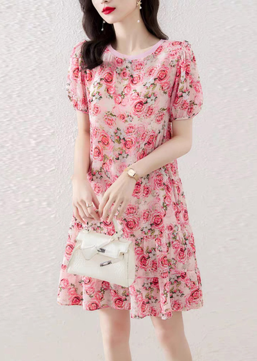 Italian O-neck Print Wrinkled Silk Mid Dresses Short Sleeve