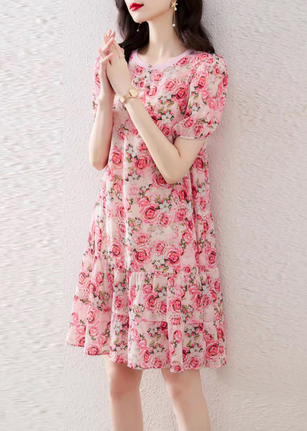 Italian O-neck Print Wrinkled Silk Mid Dresses Short Sleeve