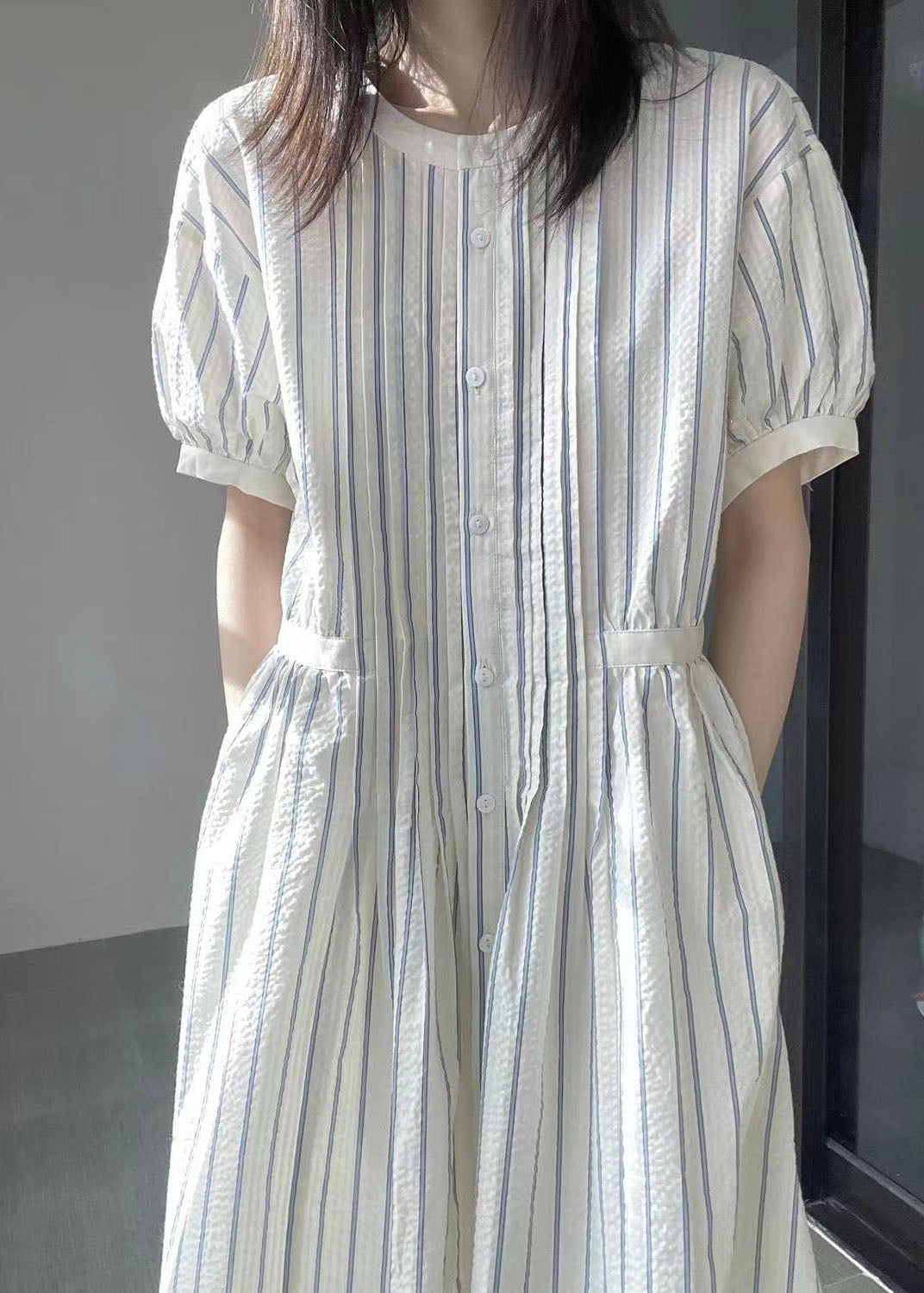 Italian O-neck Striped Cinched Patchwork Party Long Dress Short Sleeve