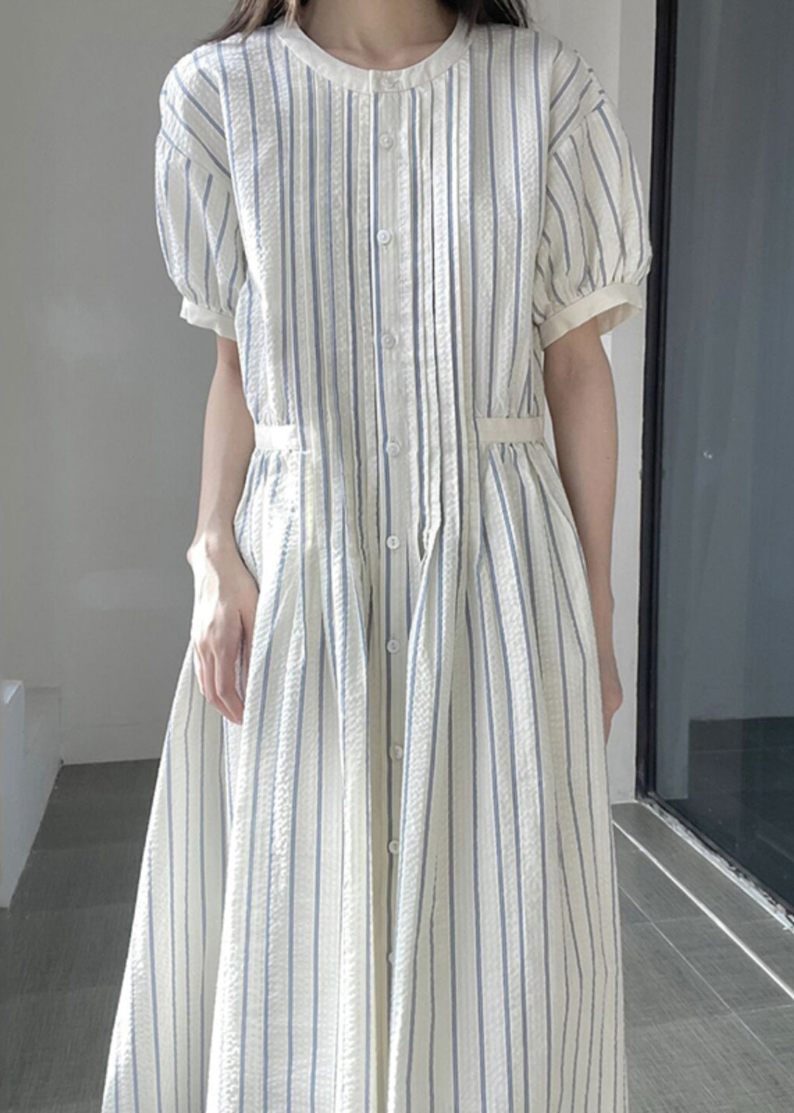 Italian O-neck Striped Cinched Patchwork Party Long Dress Short Sleeve