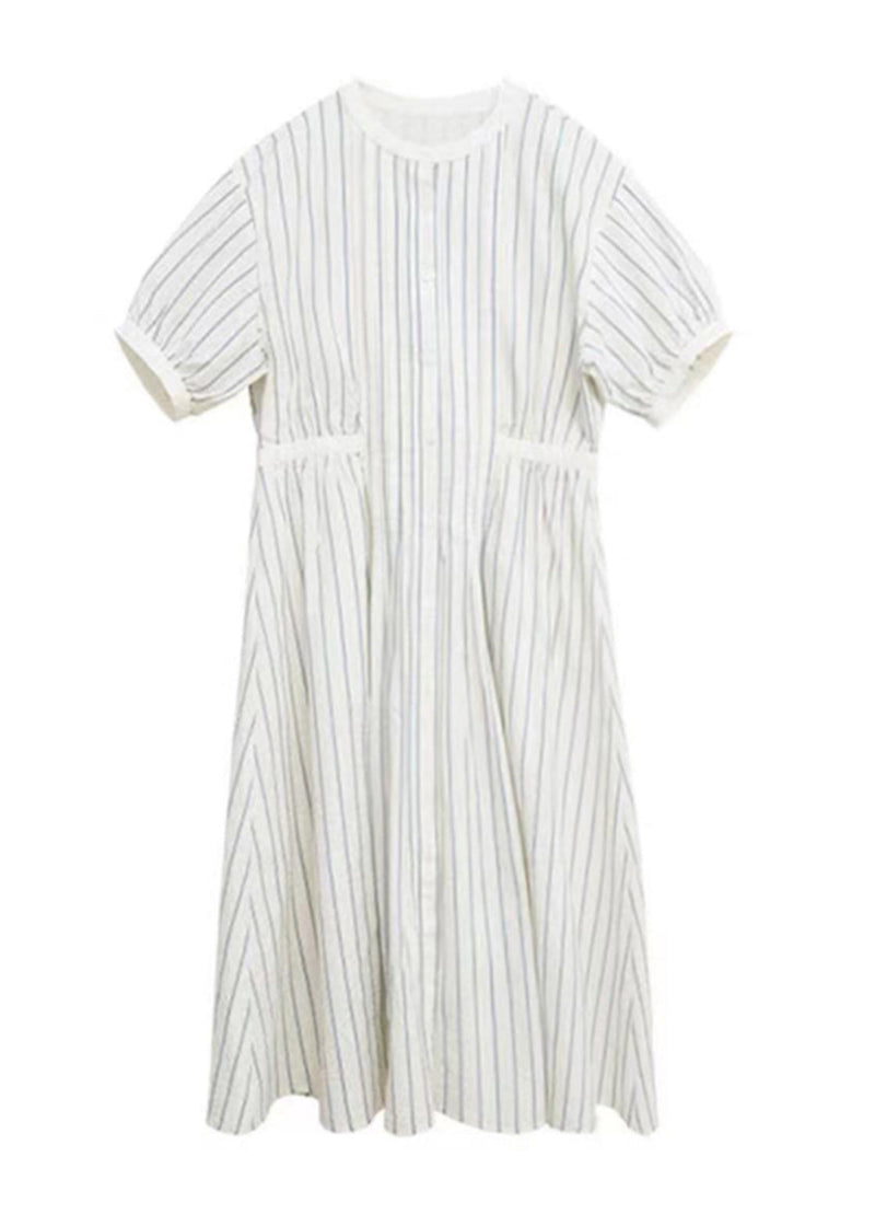 Italian O-neck Striped Cinched Patchwork Party Long Dress Short Sleeve