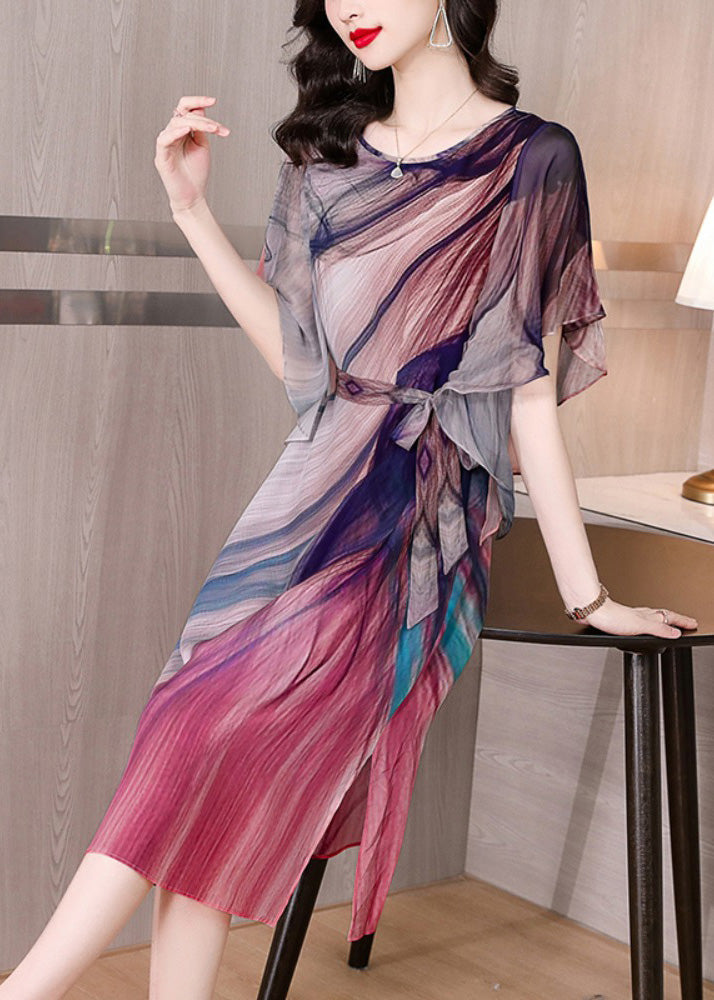 Italian O-neck Tie Dye Side Open Tie Waist Silk Long Dresses Summer