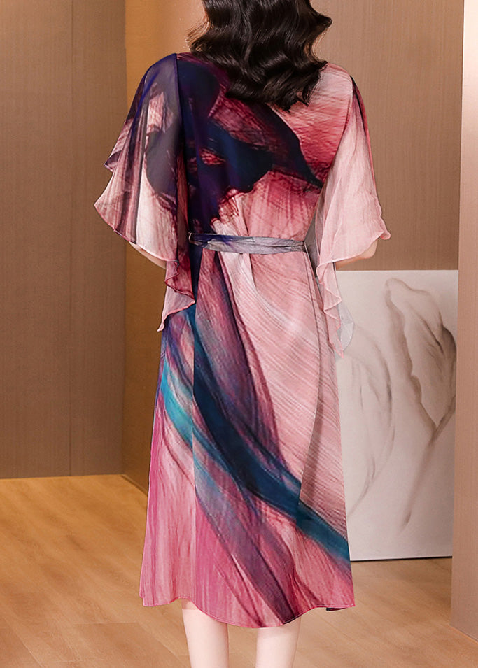 Italian O-neck Tie Dye Side Open Tie Waist Silk Long Dresses Summer