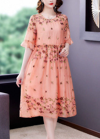 Italian Orange O-neck Embroideried Ruffled Silk Vacation Dresses Summer