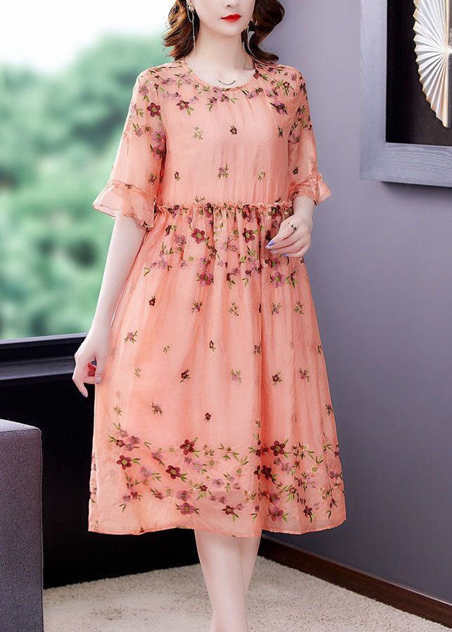 Italian Orange O-neck Embroideried Ruffled Silk Vacation Dresses Summer